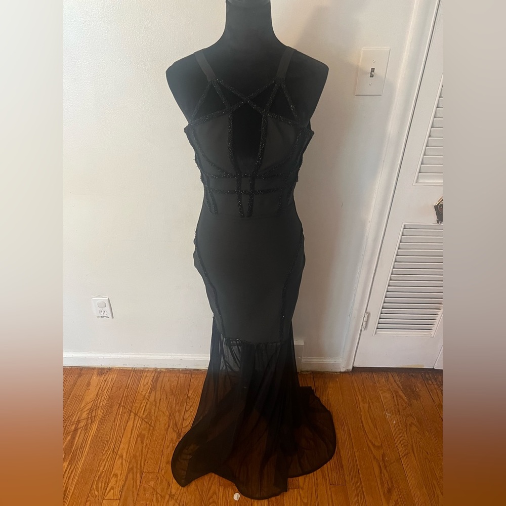 Black Beaded Mesh Mermaid Bandage Dress